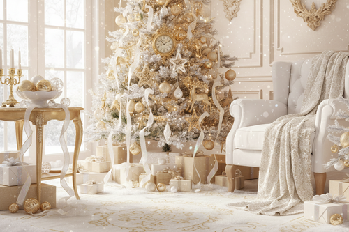 Can you create a holiday image that features Soft golds. White shimmer. Winter light.